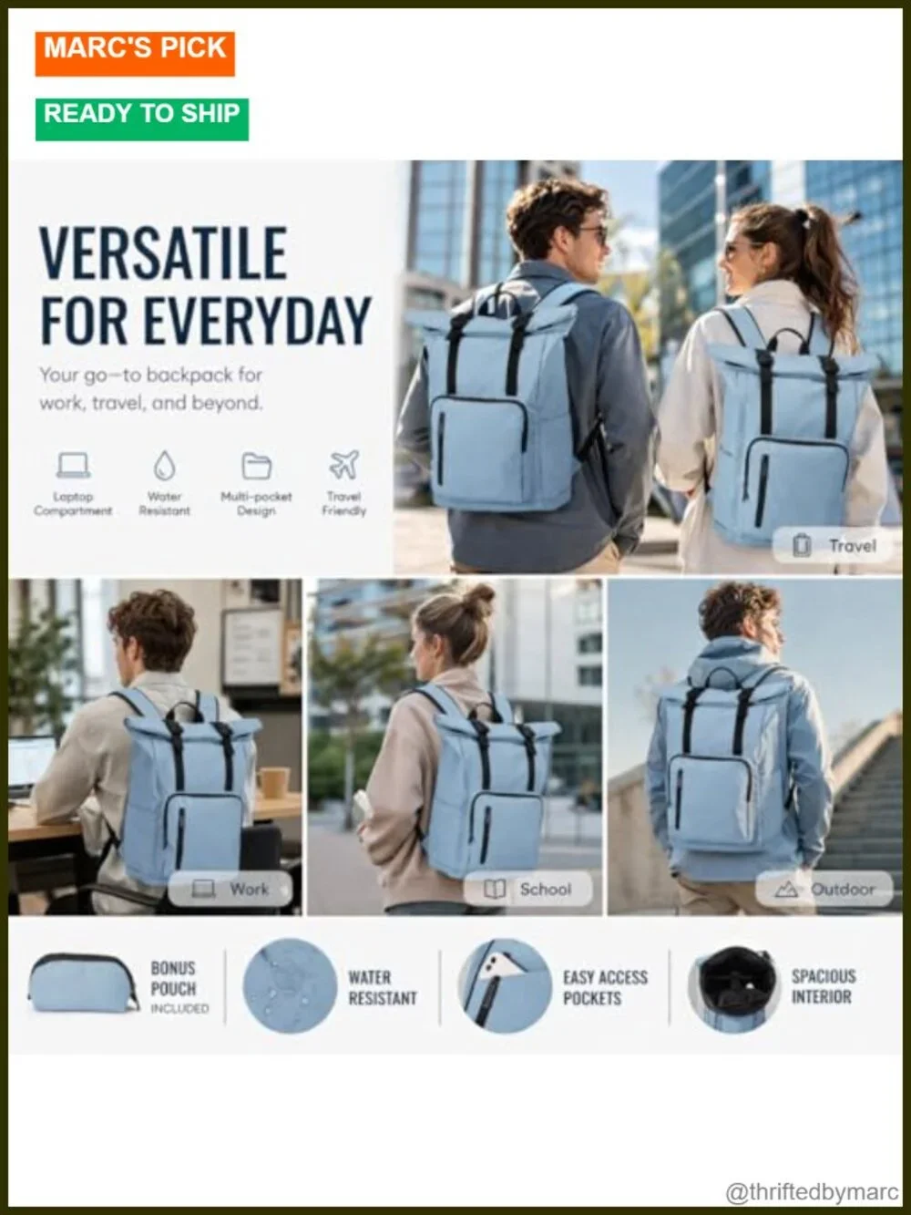 Anti-Theft Roll Top Laptop Backpack for Men Women Water-Resistant Travel